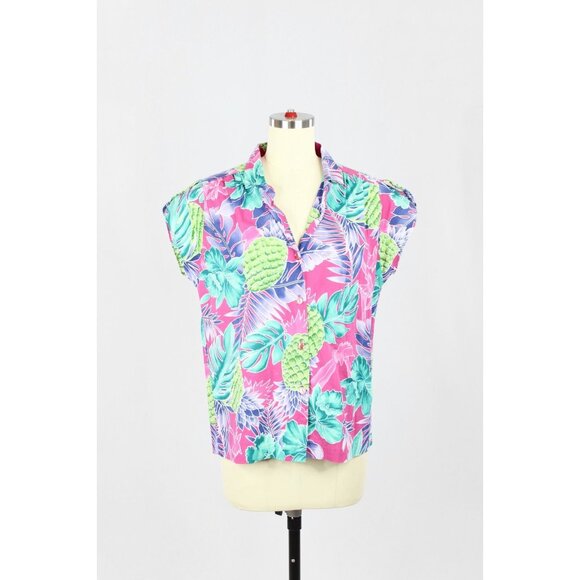 Vintage 90s HILO HATTIE Hawaiian Floral 100% Cotton Cap Sleeve Shirt Top, Size L - Picture 1 of 10